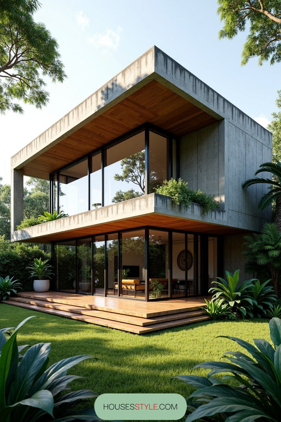 Modern house with large windows surrounded by lush greenery