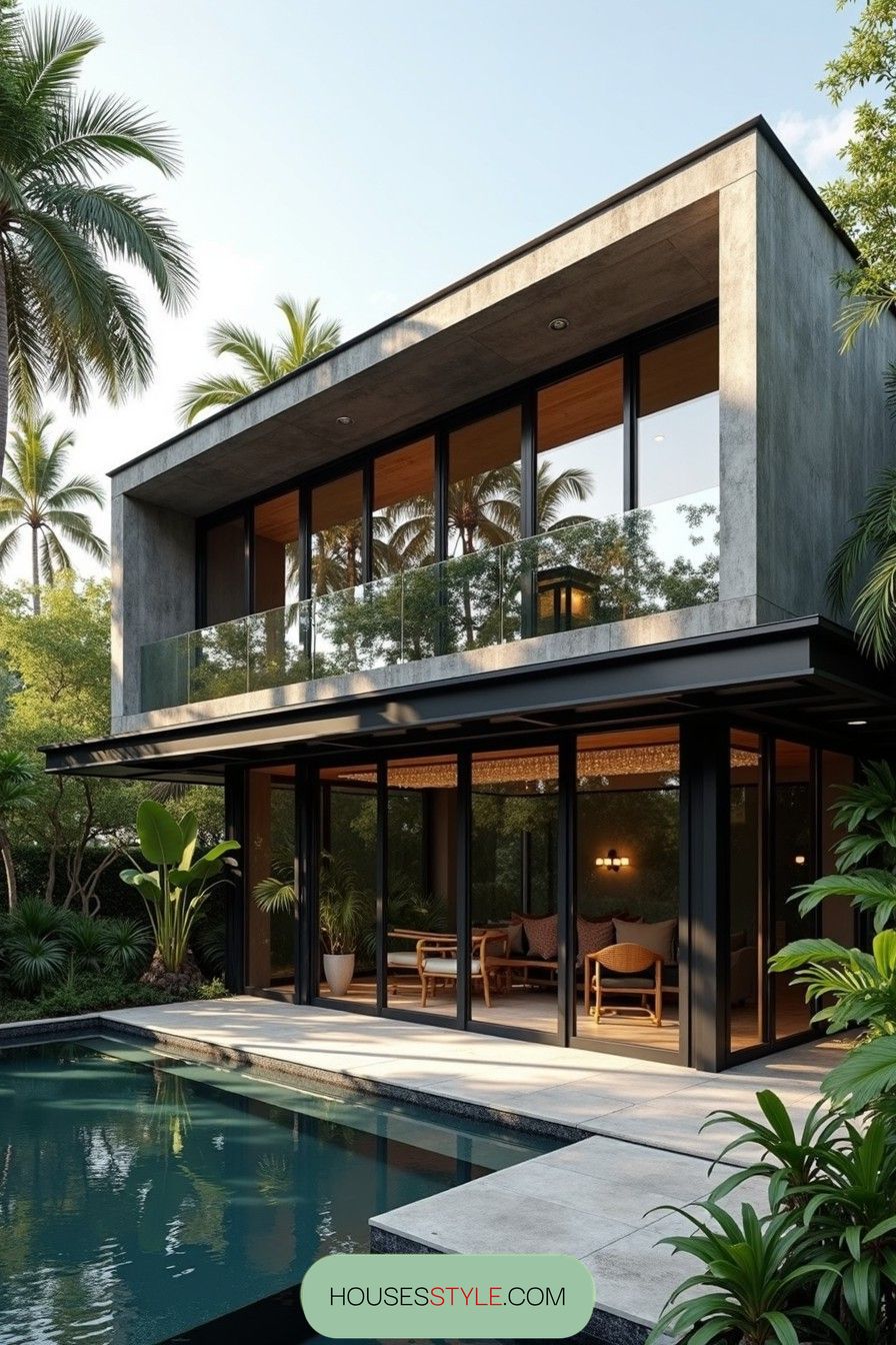 Modern two-story concrete house with large windows and a pool, surrounded by tropical plants