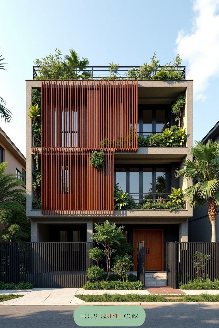 Contemporary house with lush greenery and wooden accents