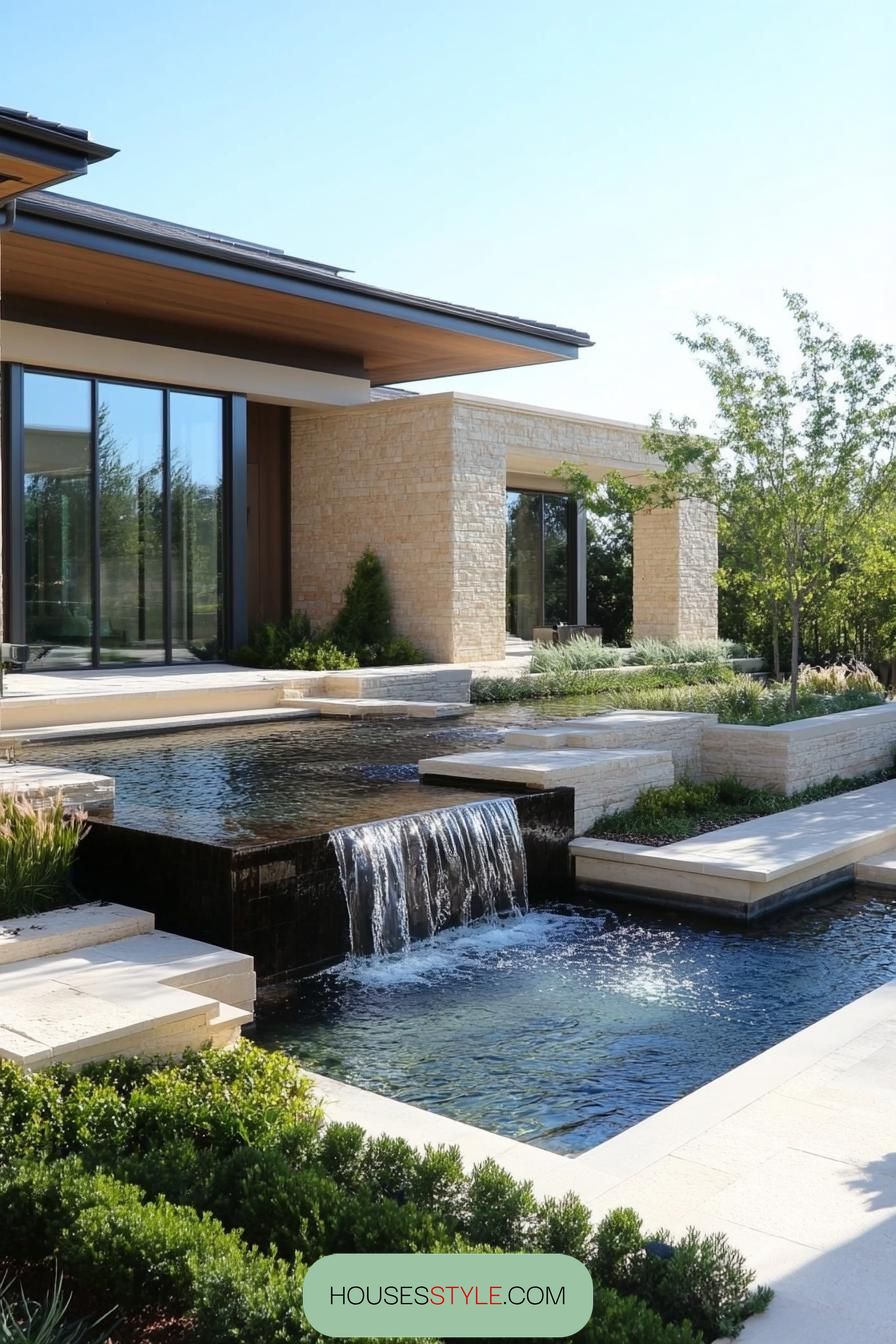 modern house small pool with waterfall zen garden
