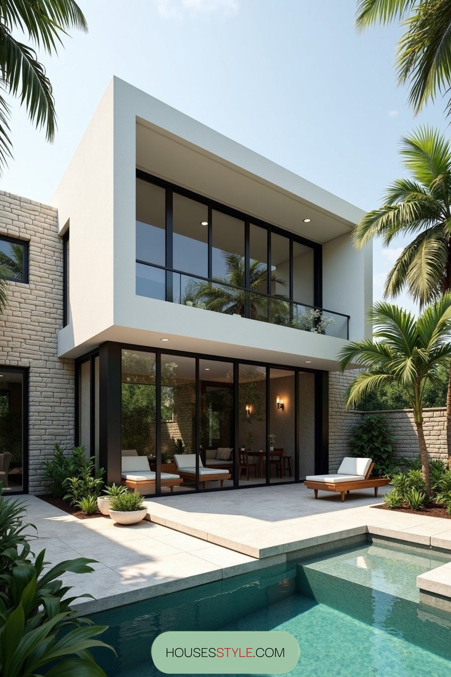 Modern tropical house with pool and palm trees