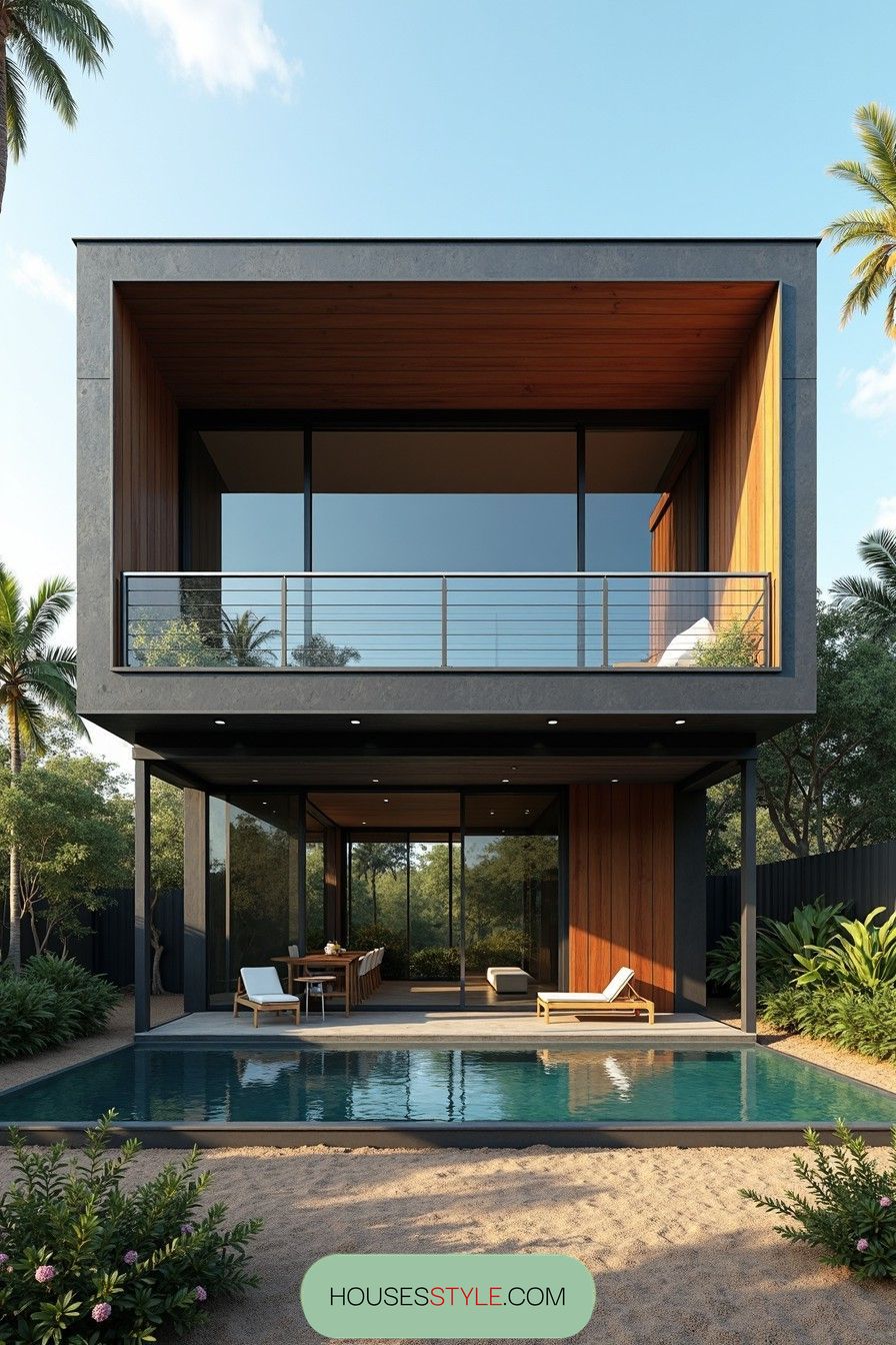 Modern tropical house with pool and glass walls