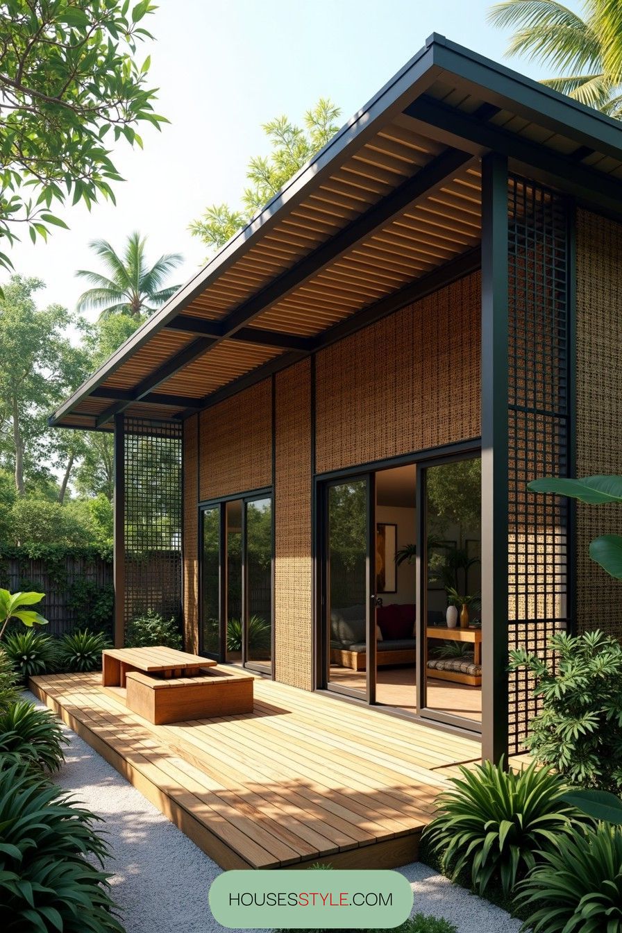 Modern tropical house with wooden accents and lush greenery