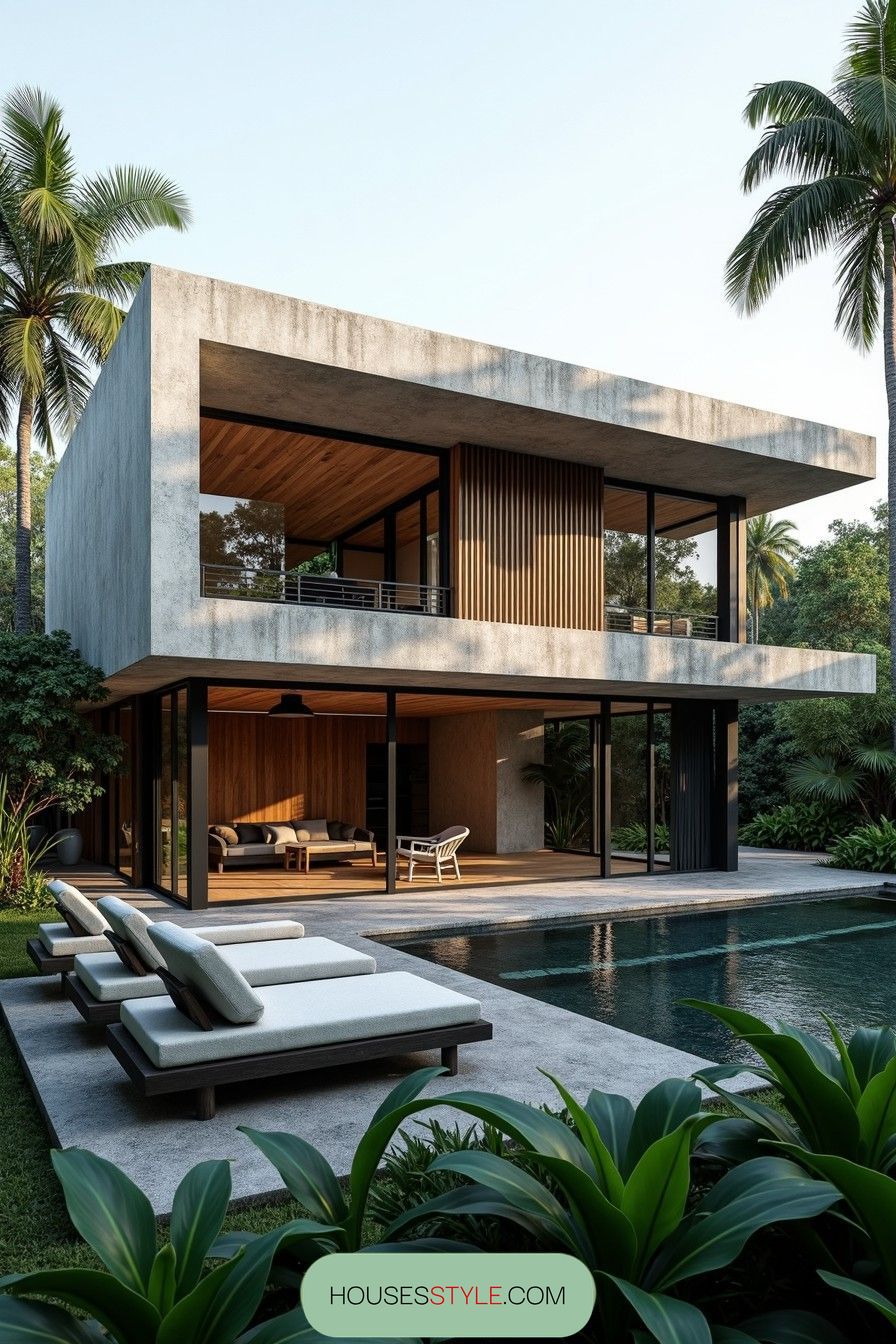 Modern tropical house with pool and lounging area