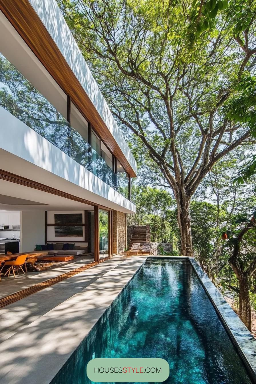 modern house with a compact pool along the wall tree lined garden