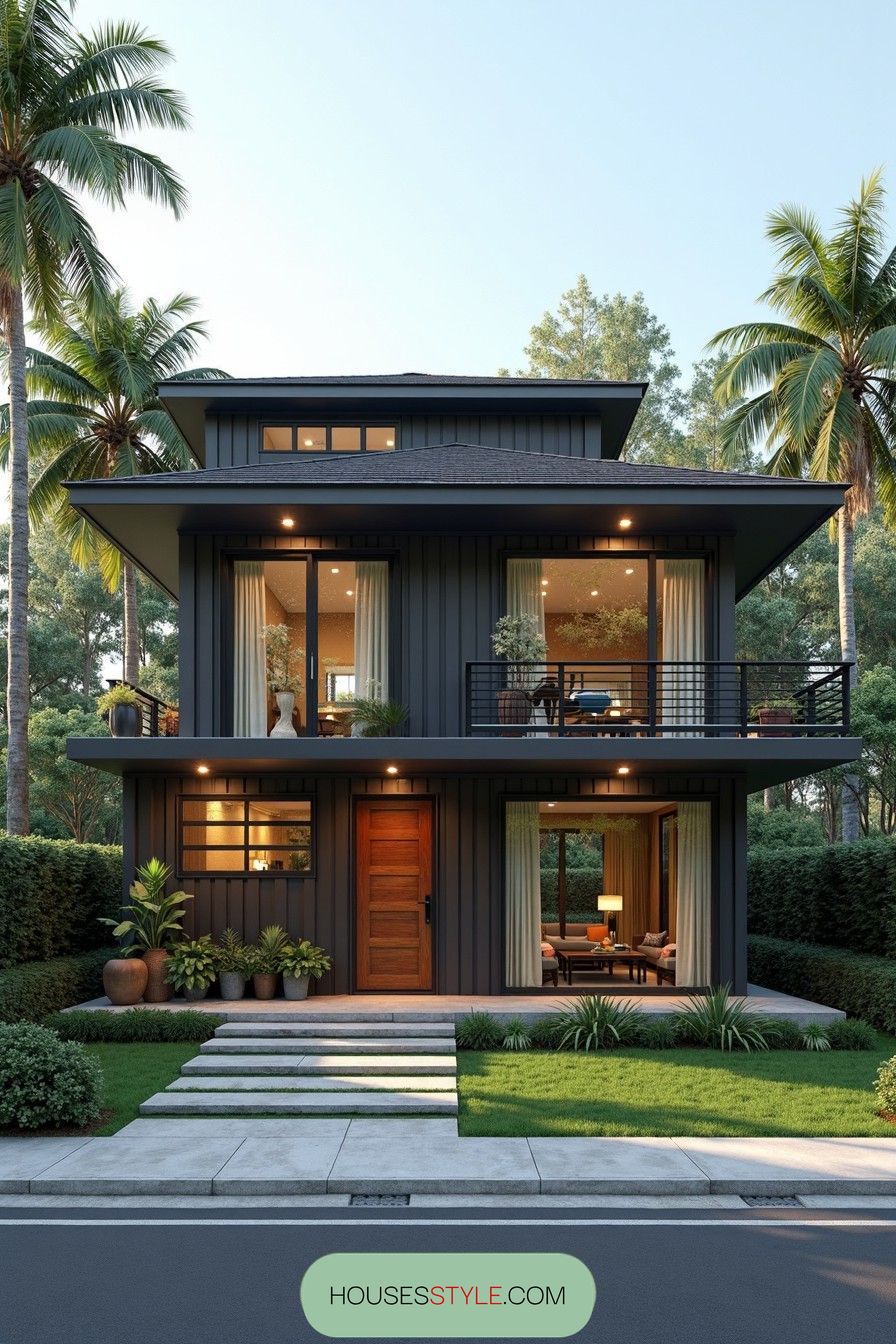 Modern tropical house with palm trees