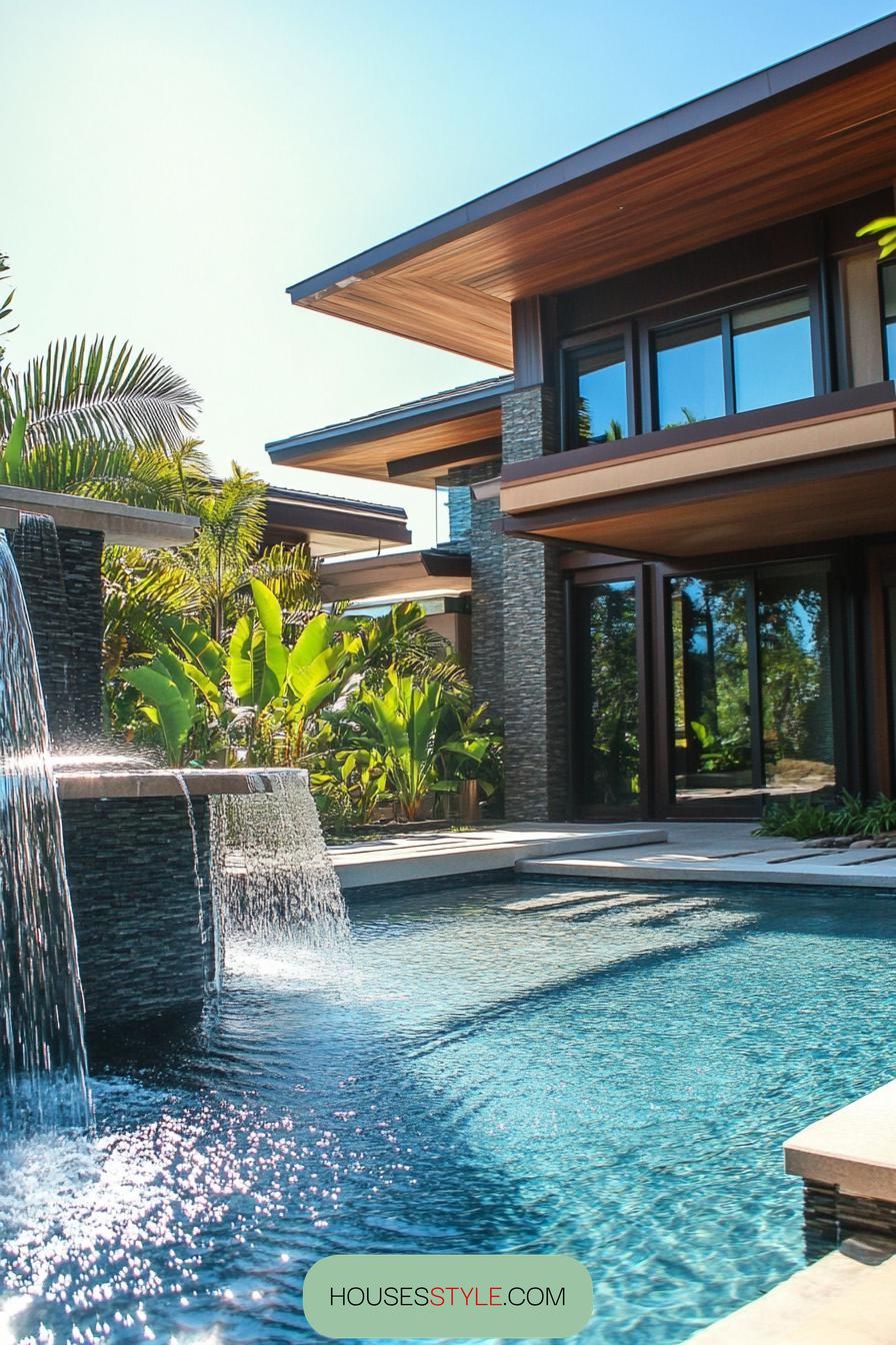 modern house small pool with waterfall zen garden 1