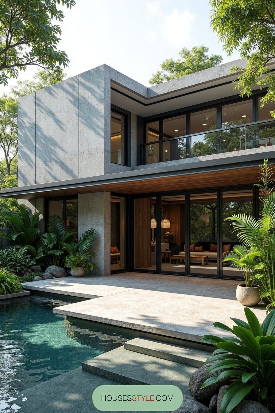 Modern industrial house with glass walls and lush tropical surroundings