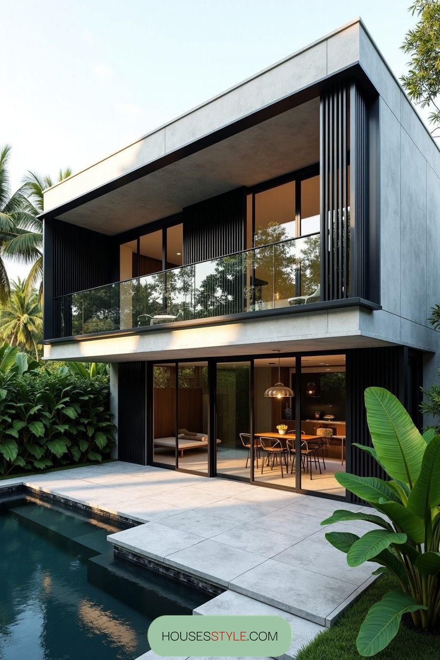 Modern concrete house with pool in a tropical setting