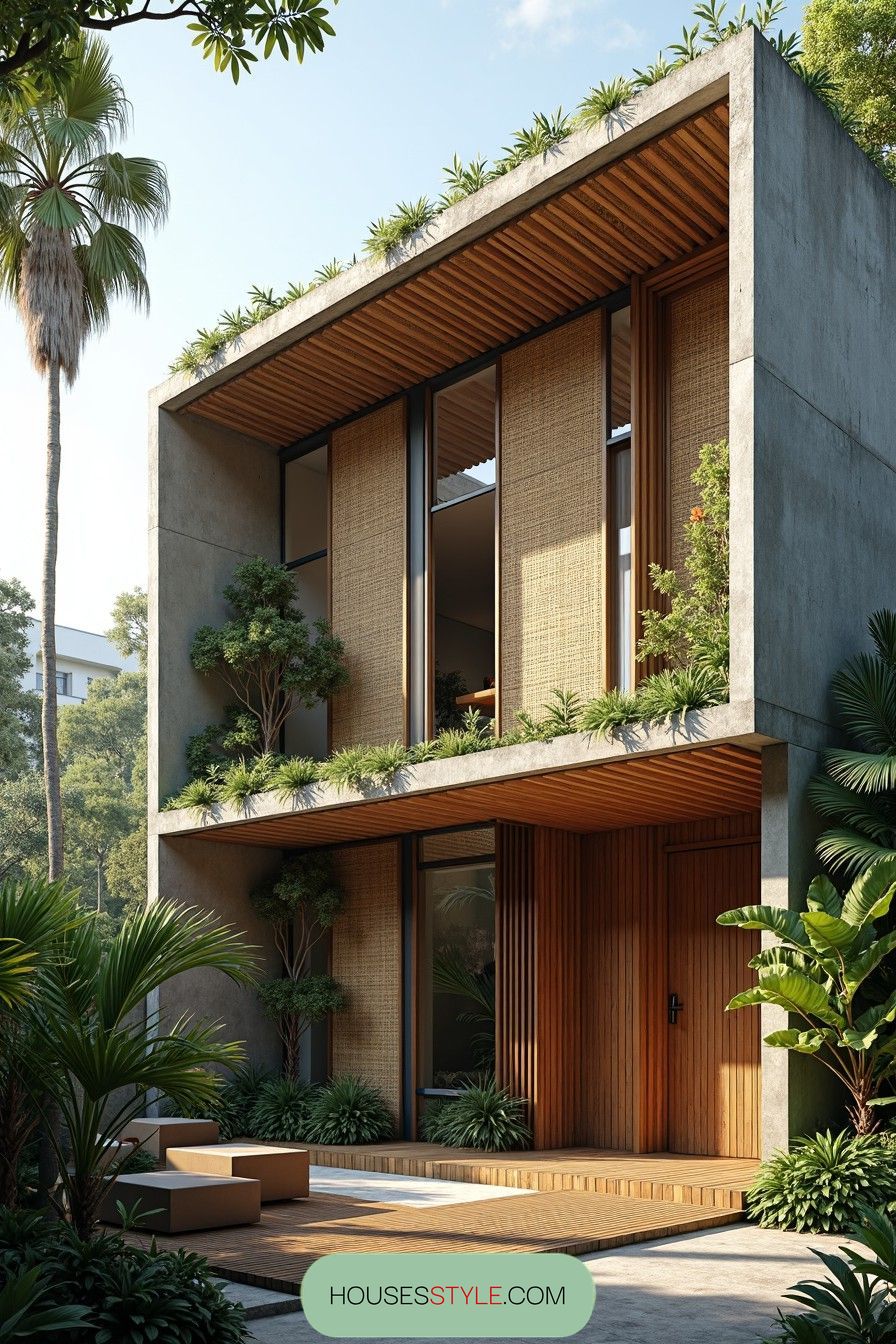 Modern concrete house surrounded by lush greenery