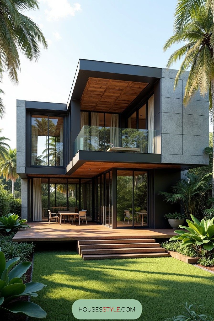 Modern tropical house with a wooden deck and lush greenery