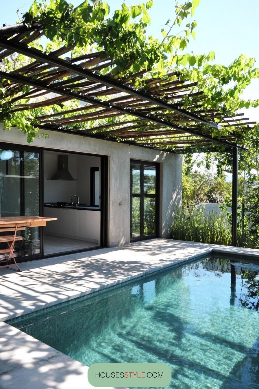 modern house small pool under pergola with vines