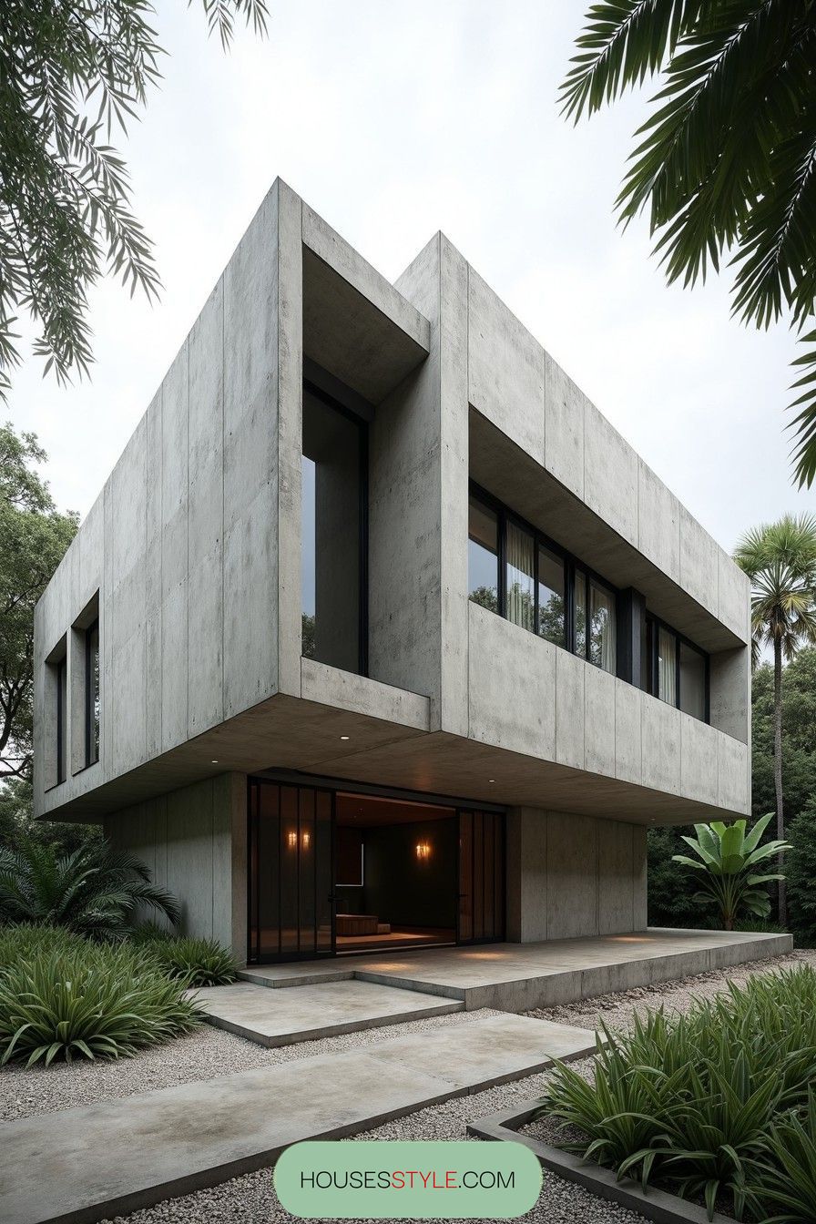 Modern concrete house surrounded by lush tropical plants