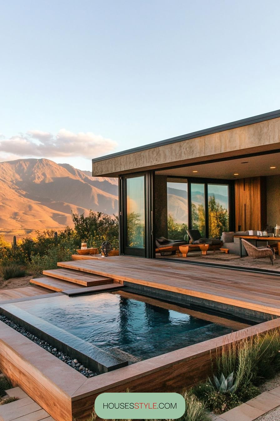 modern house raised deck with small pool mountain views 1