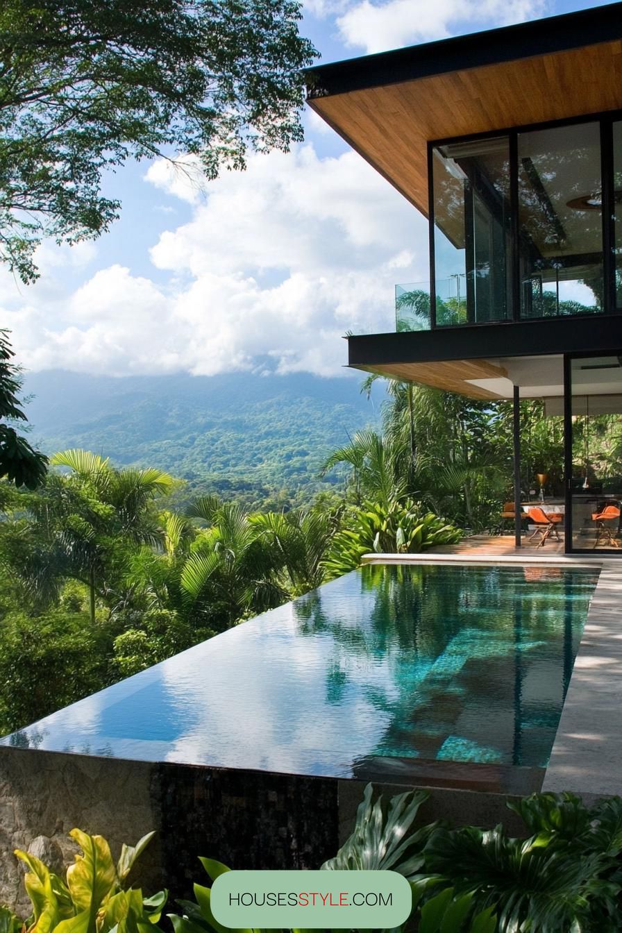 modern house small pool among lush greenery tropical mountain views