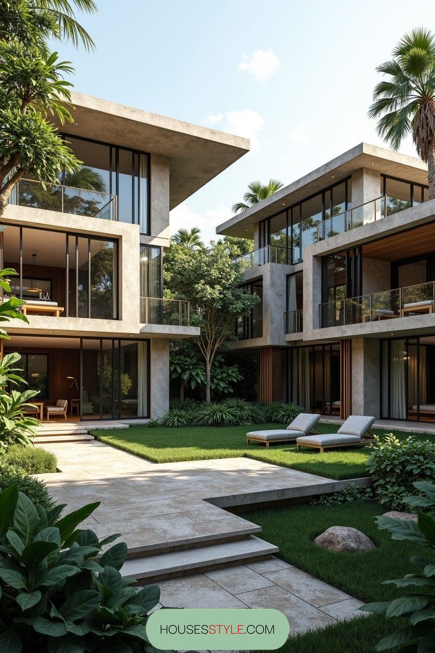 Modern tropical house with lush greenery and sleek design