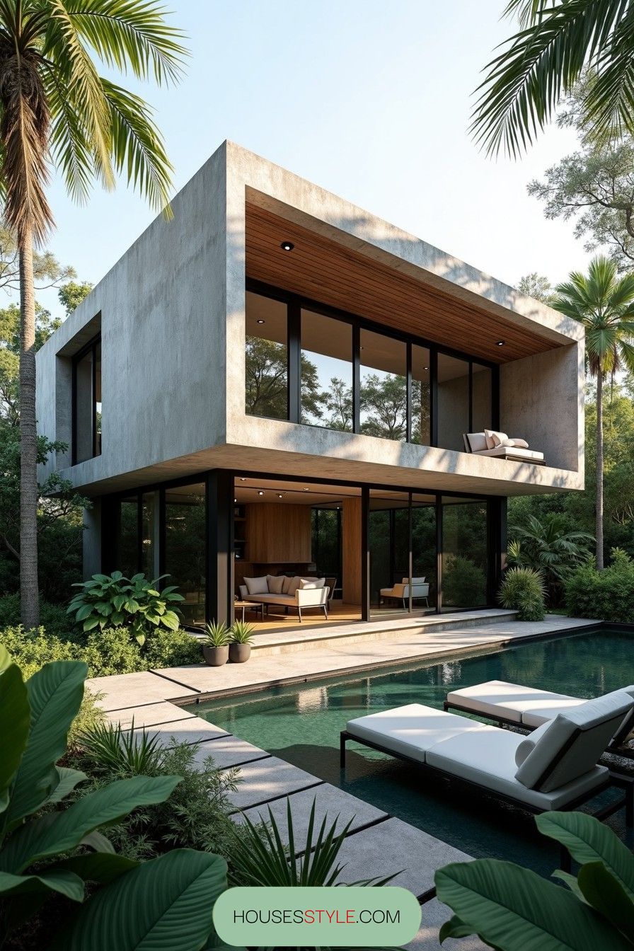 Modern concrete house with large windows and a pool