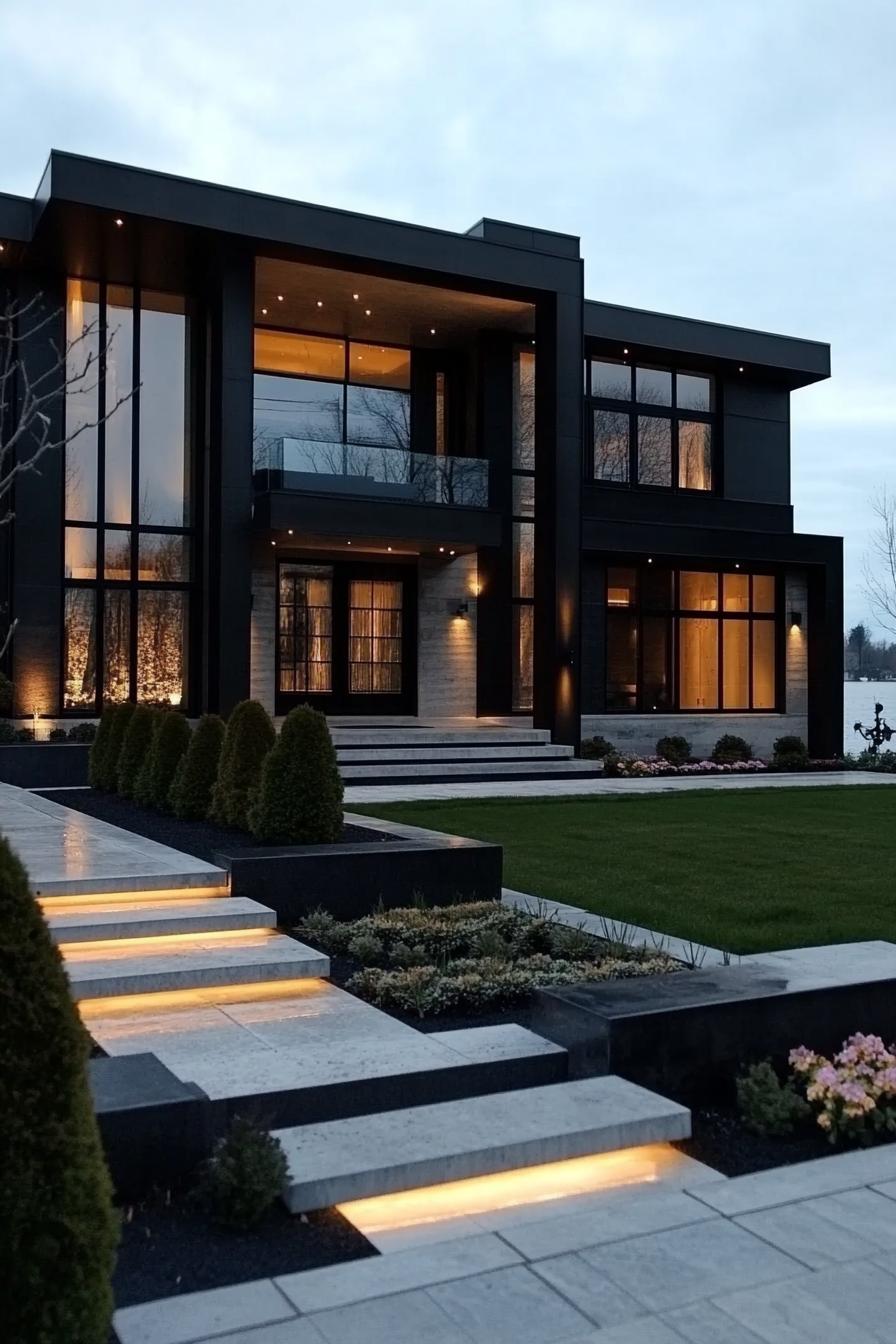 62 Modern Mansions With Jaw-Dropping Cutting-Edge Design 19 18) Black Mansion With a Glowing Pathway